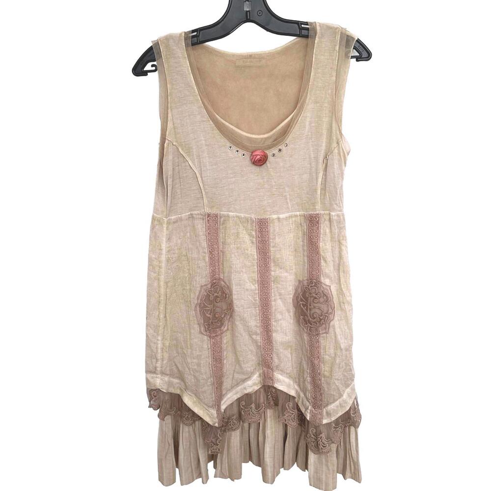 Elia Cavaletti Beige/Dusty Rose Embroidered Layerd Sleeveless Dress - S